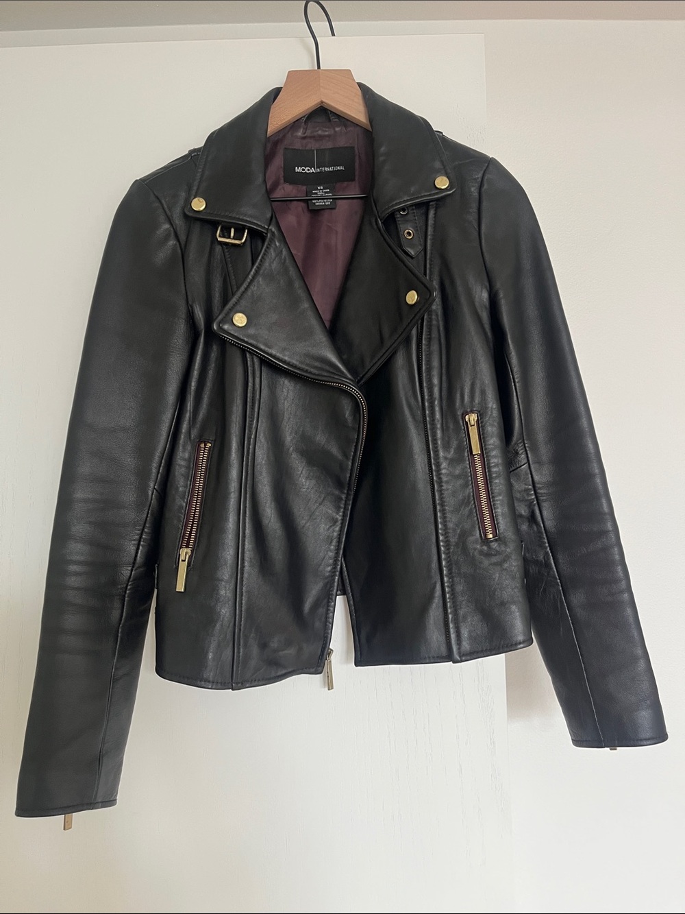 Moda International Black Leather Asymmetrical Moto Jacket with Gold Hardware